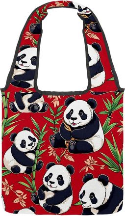 Generic Cute Panda on Red Reversible Canvas Shoulder Tote - Double-Sided Print, 12oz Cotton, 27cm Drop, Fold-Flat Bag for Travel, Shopping, Street Outings