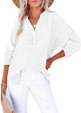 Generic Womens Casual Button V Neck Long Sleeve Shirts, Oversized Solid Blouses Tops Summer Womens Cotton Shirts (White,L)