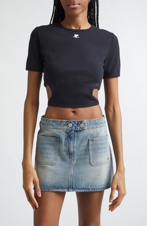 Courr&egrave;ges Ribbon Cutout Crop Rib T-Shirt in Black at Nordstrom, Size X-Large