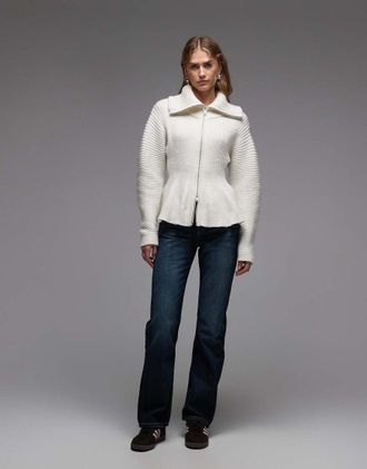 Monki Cardigan stretto in vita bianco con doppia zip e fondo peplo