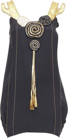 Tsumori Chisato gold leather black 100% silk cactus strap dress JP2 M