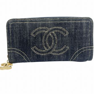 Chanel Blue Navy Denim Leather Long Wallet (Bi-Fold) (Pre-Owned)