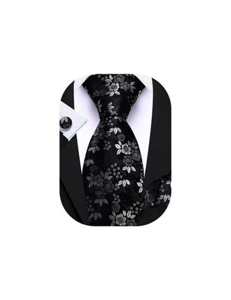 Barry.Wang Mens Black Grey Tie Silk Floral Necktie Pocket Square Cufflinks Set Classic Wedding Party