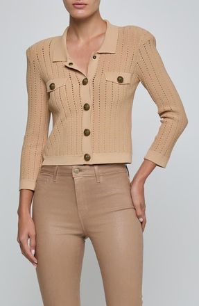L'agence Risa Snap Front Pointelle Knit Cardigan in Light Almond/Gold at Nordstrom, Size Xx-Large