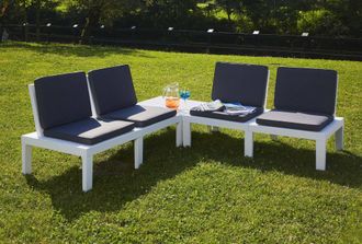 Dmora Sal&oacute;n De Jard&iacute;n Vigevano, Conjunto De Jard&iacute;n Con 4 Asientos Con Respaldo Y 1 M&oacute;dulo Multifuncional, Zona De Estar Con Cojines, 100% Made In Italy, Bla