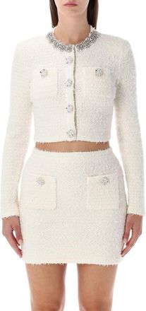 Self Portrait Cream Bouclé Knit Cropped Cardigan With Crystal Buttons