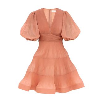 Zimmermann Short Dresses, female, Orange, Size: S Pleated Mini Dress Peach Deep V-neck