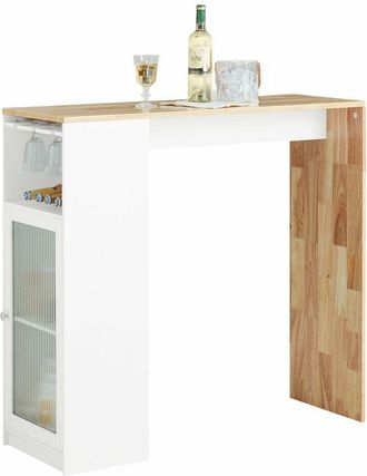 SoBuy Sobuy - Mesa Alta Cocina Barra Integrada para Bebidas con 1 Puerta de Vidrio 3 Estantes y Soporte de Copas de Vino 108 x 40 x 105 cm Blanco y Madera