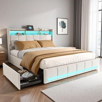 OEM Cama 140x190 Cm, 6ytt, Usb Y Type-c, Led Rgb, Escandinava, Cama Para Adultos, Marco De Cama Doble 140x190 Cm, Lino, Beige