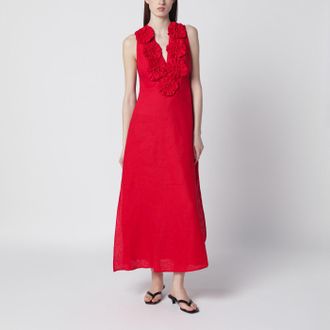 Farm Rio Red linen dress with floral appliqu&eacute;s
