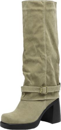 Generic Womens Western Cowboy Boots, 9Cm Block Heel Suede Long Shaft Boots Plus Size Round Toe Slip-On Shoes with Pleat Look And Buckles Winter Boots for Ever