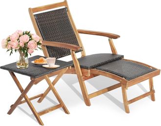Costway Costway - Tumbona De Patio Con Otomana Retr&aacute;ctil & Apoyabrazos Y Juego De Mesa Plegbale, Muebles De Exterior Mesa Plegable Y Juego De Silla Con Mimbre