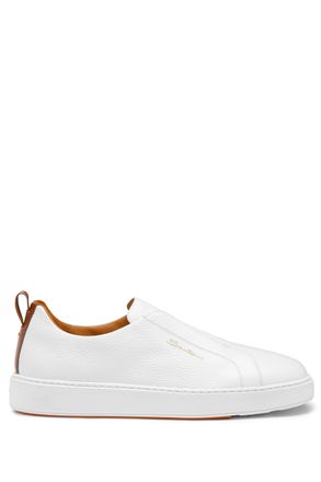Santoni White Pebbled Leather Slip-On Sneakers