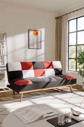 Living and Home 2-Seater Multicolour Checkered Sofa Bed in Red