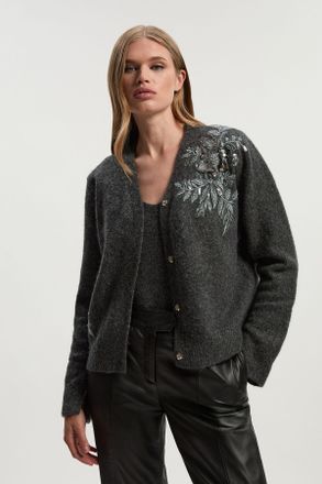 Karen Millen Womens Archive Floral Embellished Cosy Wool Blend Cardigan - Charcoal - Size X-Small