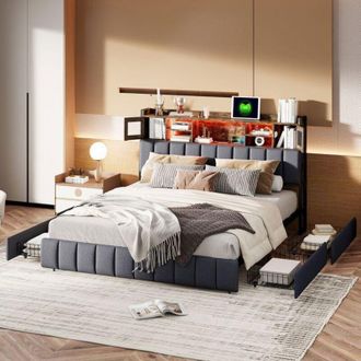 OEM Cama Doble 160x200 - Almacenamiento Xxl - Led Rgb - Cargador Usb - Tejido Negro Moderno