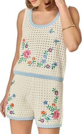 English Factory Floral Embroidered Sheer Crop Open Stitch Top in Off White at Nordstrom, Size Large