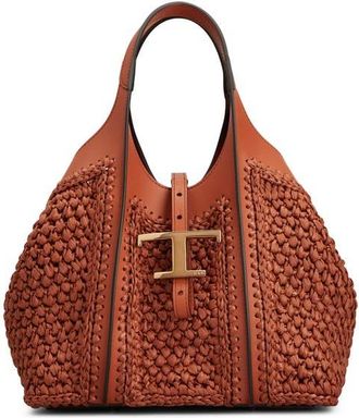 Tod's Mini T Timeless Crochet Raffia & Leather Tote in Mattone/terracotta at Nordstrom