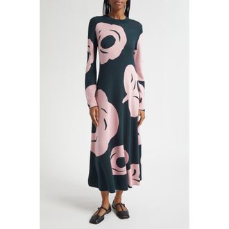 Marimekko Leikkuu Tumma Floral Long Sleeve Sweater Dress in Dark Green, Light Pink at Nordstrom Rack, Size Xx-Small