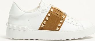 Valentino Garavani Rockstud Untitled Sneaker in Calfskin with Split Leather Band Woman WHITE/HAVANA BEIGE 35.5