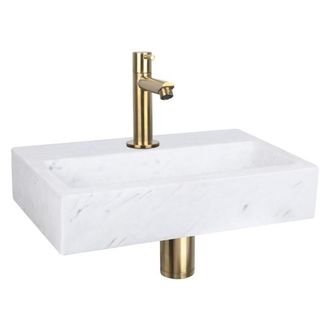 Differnz Flat fonteinset - 38x24x8cm - Rechthoek - 1 kraangat - Recht matte goude kraan - Marmer Wit