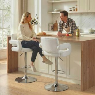 HOMCOM Bar Stools Adjustable Swivel with Armrest Set of 2 White
