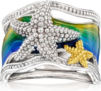 Ross-Simons Multicolored Enamel Starfish Ring in 2-Tone Sterling Silver