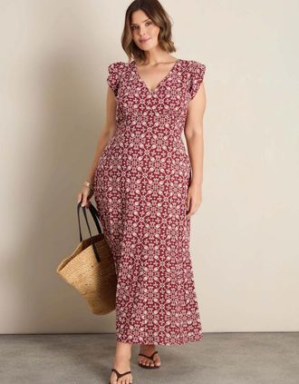 Live Unlimited London Womens Red Boho Print Linen Blend V-Neck Midi Dress - Size: 28