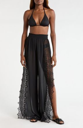 Ramy Brook Athena Lace Semisheer Split Hem Wide Leg Cover-Up Pants in Black at Nordstrom, Size Xx-Small
