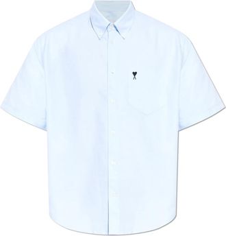 Ami Shirt met geborduurd logo - Heren - Korte mouwen Overhemden - Blauw - 2XL - Katoen - Overhemden