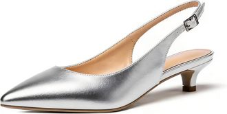 EDEFS Silver Matte Slingback Heels for Women 1.5 Inch Low Heel Pointed Toe Court Shoes for Office Work and Daily Wear UK2