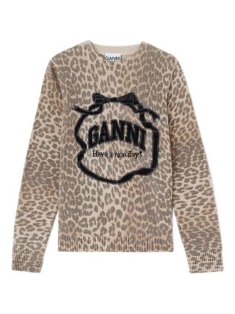 Ganni leopard-print logo-detail sweater - women - Fabric - S - Brown