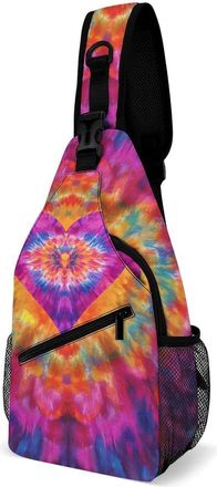 Generic Tie-dye Heart Watercolor Unisex Shoulder Bags Casual Crossbody Chest Bag Sling Backpack for Hiking Cycling Travel