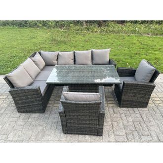 Fimous High Back pe Rattan Corner Sofa Set Garden Furniture Adjustable Rising Lifting Table Set With 2 Armchair - Fimous