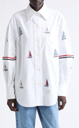 Thom Browne Supersize Embroidered Sailboat Button-Down Shirt in White at Nordstrom, Size 36