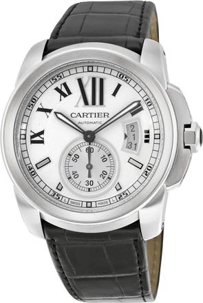 Cartier 42 mm Calibre De Cartier Silver Dial Black Leather Mens Watch W7100037