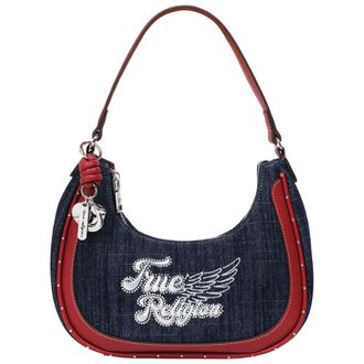 True Religion Wing Motif Denim Hobo Bag with Red Trim