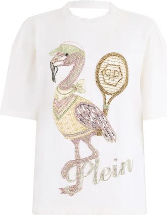 Philipp Plein Open Back Fit T-Shirt Flamingo Crystals - Dames - T-shirts - Wit - XS - Katoen - Tops