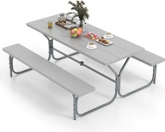Costway Conjunto Mesa Y Banco De Picnic De 8 Personas, 2 Bancos Con Marco De Metal Y Mesa De Hdpe, Mesa Y Sillas Camping, Orificio Para Sombrilla, 183 X 161 X