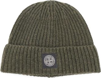 Stone Island Logo-patch Ribbel Gebreide Muts - Heren - Hoeden - Groen - ONE Size - Wol - Accessoires