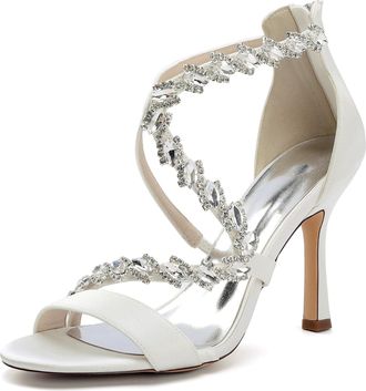 Generic Womens Wedding Bridal High Heel Sandals Satin Stiletto Crystal Formal Evening Prom Party Dress Shoes 9.5Cm,Ivory,10 UK