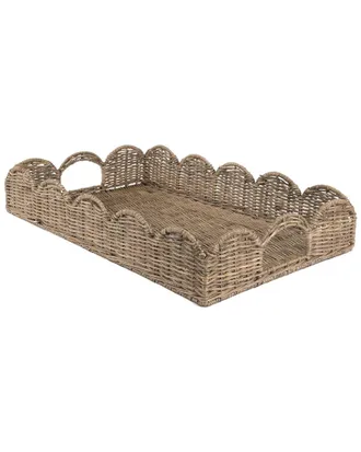 Happimess Scalloped 21.5In Southwestern Cottage Hand-Woven Rattan Tray With Handles