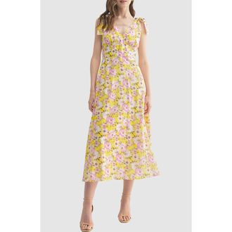 Lush Shoulder Tie Midi Dress in Yellow Pink Floral at Nordstrom Rack, Size Medium