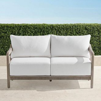 Frontgate Alessia Loveseat with Cushions in Weathered Teak - Standard, Vista Boucle Glacier - Frontgate