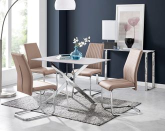Furniturebox Leonardo White Glass Marble Effect Silver Leg Table & 4 Lorenzo Chairs in Beige