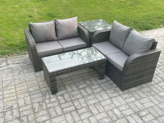 Fimous High Back Rattan Garden Furniture Set with Loveseat Sofa Coffee Table Indoor Outdoor Patio Lounge Sofa Set in Dark Grey