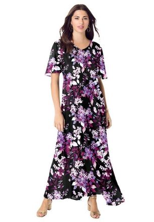 Roaman's Plus Size Hand Crinkled Flutter-Sleeve Maxi Dress in Black Berry Floral at Nordstrom, Size 20P