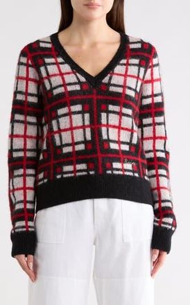 Re/Done Tartan V-Neck Sweater in Black/Red/Whte at Nordstrom Rack, Size X-Small