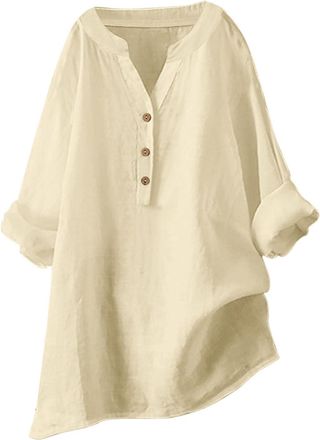 Generic Linen Tops Shirts for Women Ladies UK Summer Casual Button Down 3/4 Sleeve Loose Elegant Cotton Linen Tunic Tops V Neck Plus Size Dressy Blouses Cloth
