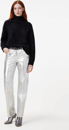 AllSaints Leather Saige Straight Fit Foiled Leather Trousers, Size: UK 16/US 12